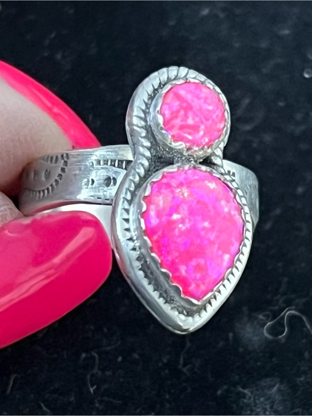 925 STERLING SILVER VINTAGE AROURA PINK OPAL ADJUSTABLE RING